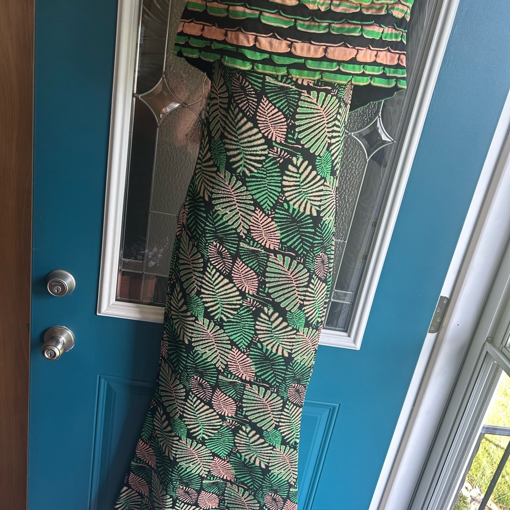 SKAZI Elegant Green and Pink Leaf Print Dress